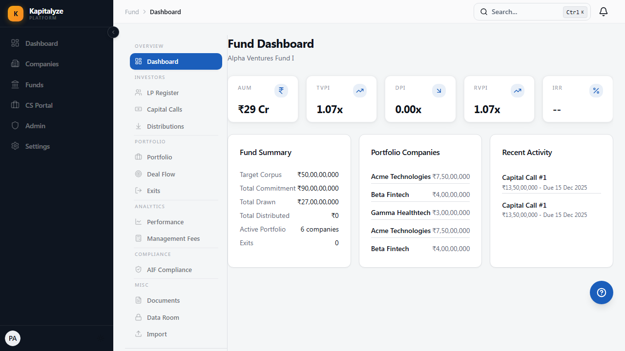 Fund Dashboard — Kapitalyze product screenshot