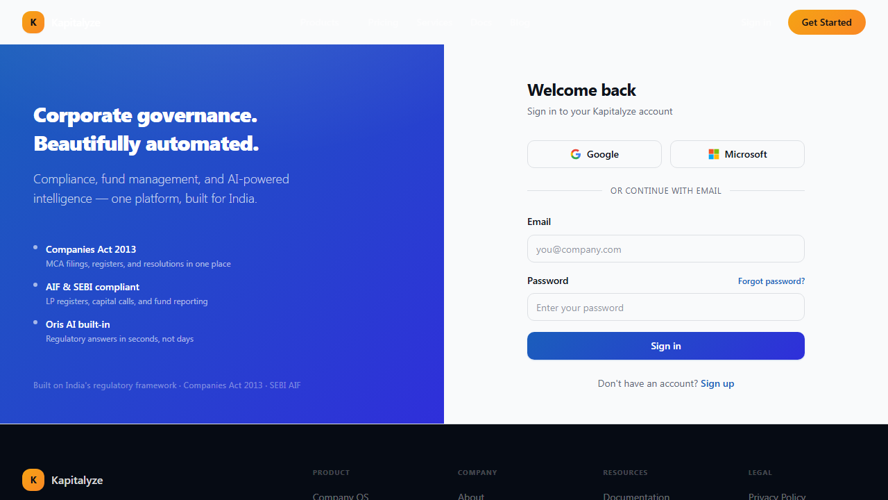 Login — Kapitalyze product screenshot